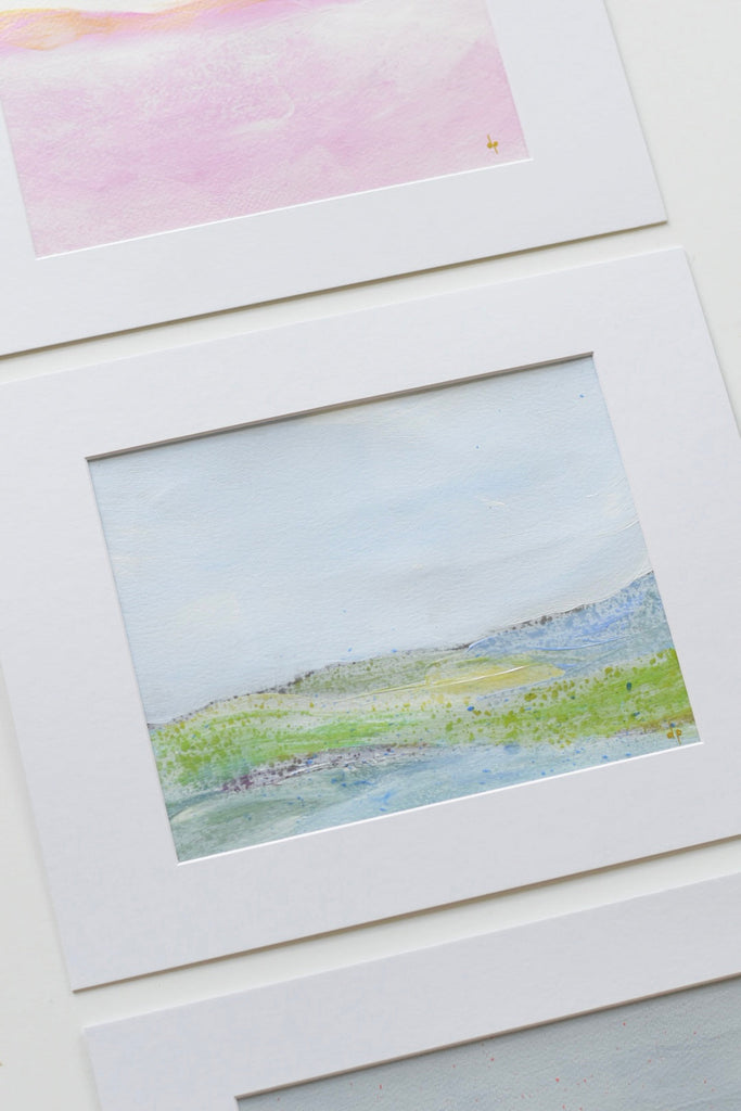 Original abstract landscape in soft colors with tiny flower speckles.
