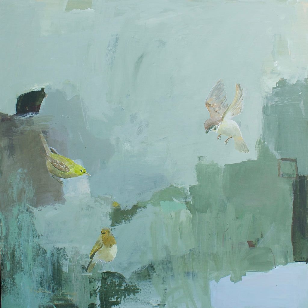 Artwork with tones of blues and birds 