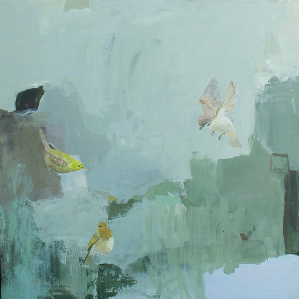 Artwork with tones of blues and birds 