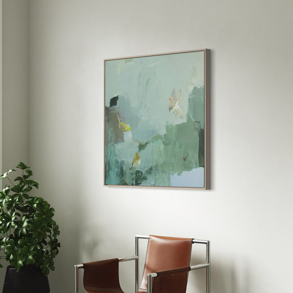 Artwork with tones of blues and birds 