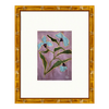 Artwork of sky blue bunch of flowers with green with a purple background 