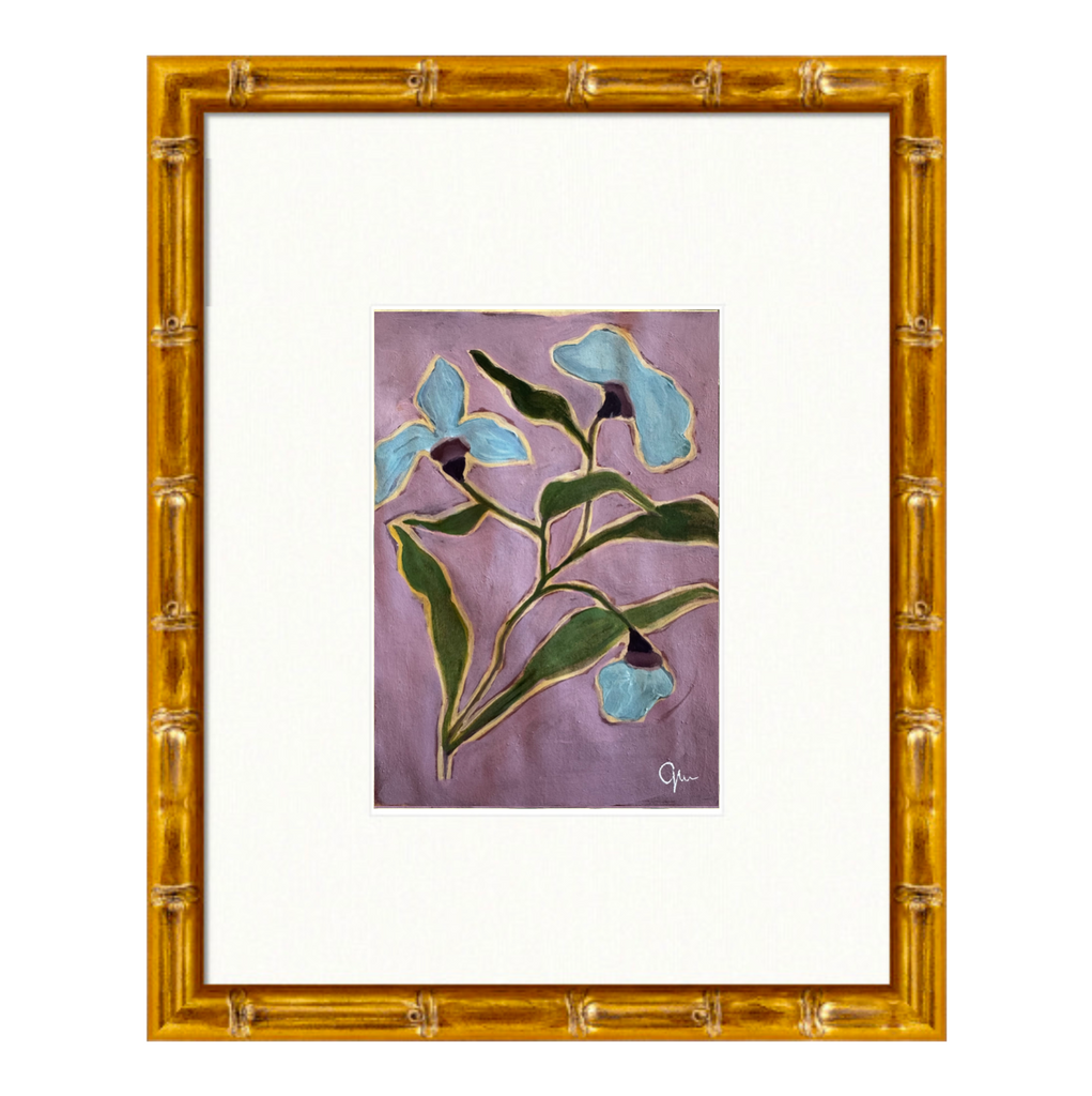 Artwork of sky blue bunch of flowers with green with a purple background 