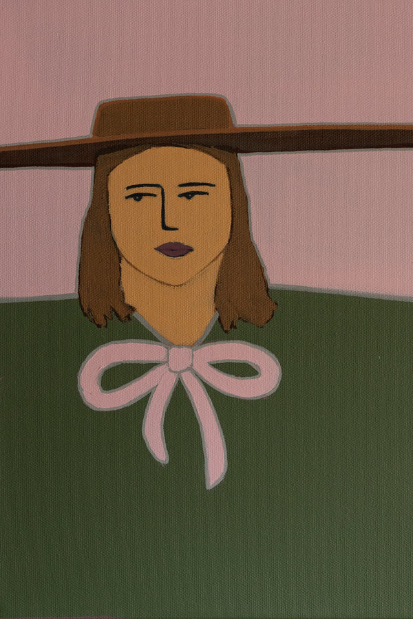 Contemporary minimalist figurative artwork. A palette of old pink, neutrals and greens creates a bold yet simple focal point for airy interiors