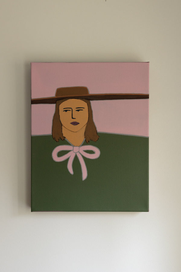 Contemporary minimalist figurative artwork. A palette of old pink, neutrals and greens creates a bold yet simple focal point for airy interiors