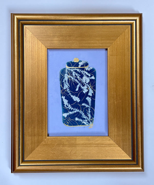 original cyanotype and mixed media painting featuring an antique-style jar. The deep indigo blue tones of the sun-print are layered with a blue background and painted textures, highlighting the translucent quality of organic silhouettes.