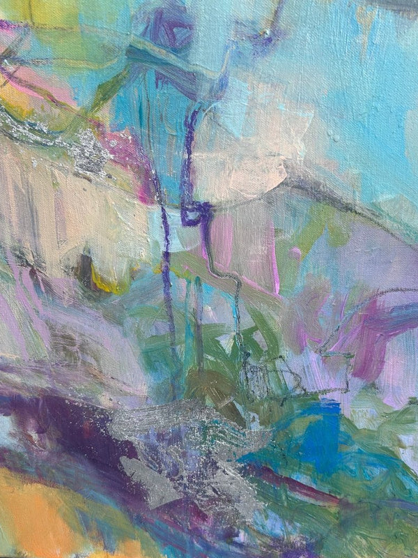Abstract artwork with vibrant hues of blue, yellow, pink, green, and teal. 