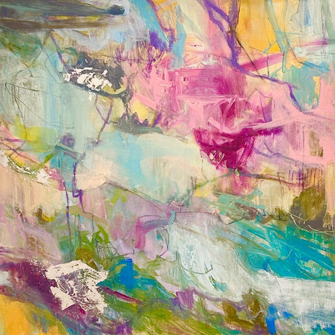 Abstract artwork with vibrant hues of blue, yellow, pink, green, and teal. 