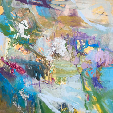 Abstract and vibrant canvas artwork of blue, pink, purple, teal, and pomegranate hues.