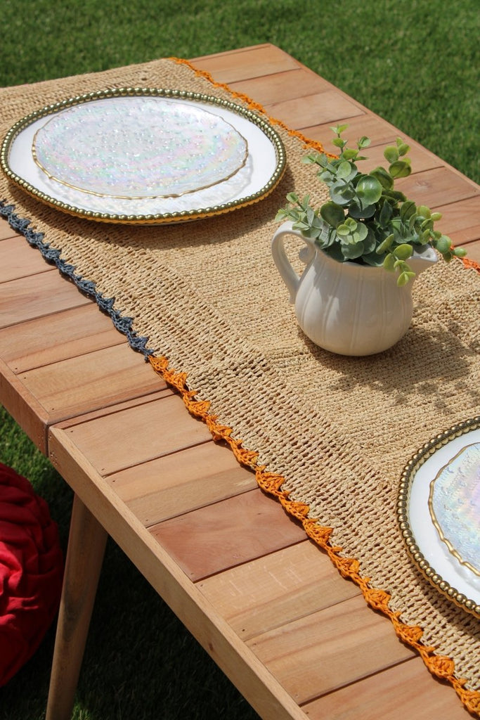 Aura Raffia table Runner, colorful edge tabletop - Liza Pruitt