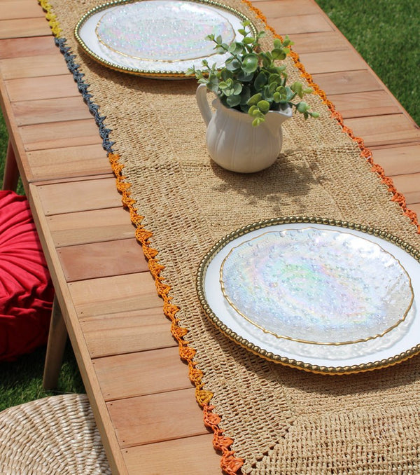 Aura Raffia table Runner, colorful edge tabletop - Liza Pruitt