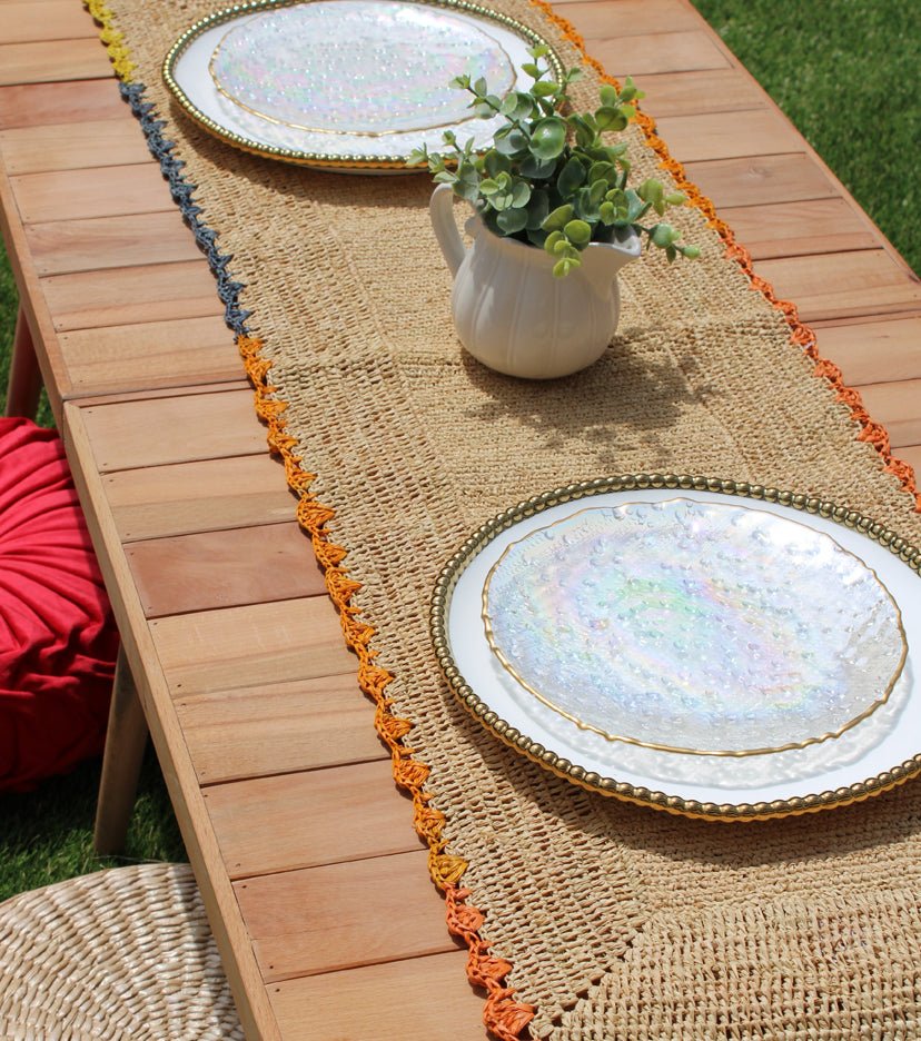 Aura Raffia table Runner, colorful edge tabletop - Liza Pruitt
