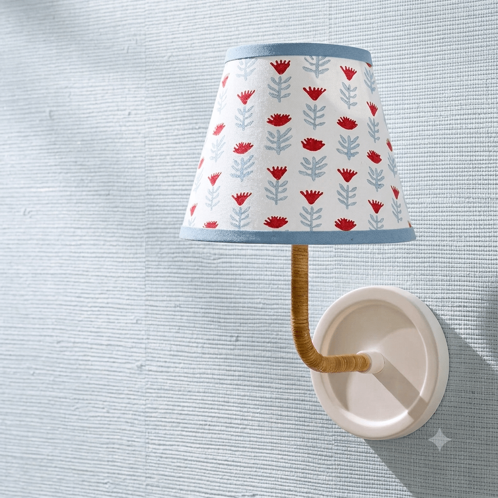 Block Print Floral Candle Clip Lampshade - Claire Poppy, Blue and Red - for Sconce or Chandelier - Liza Pruitt