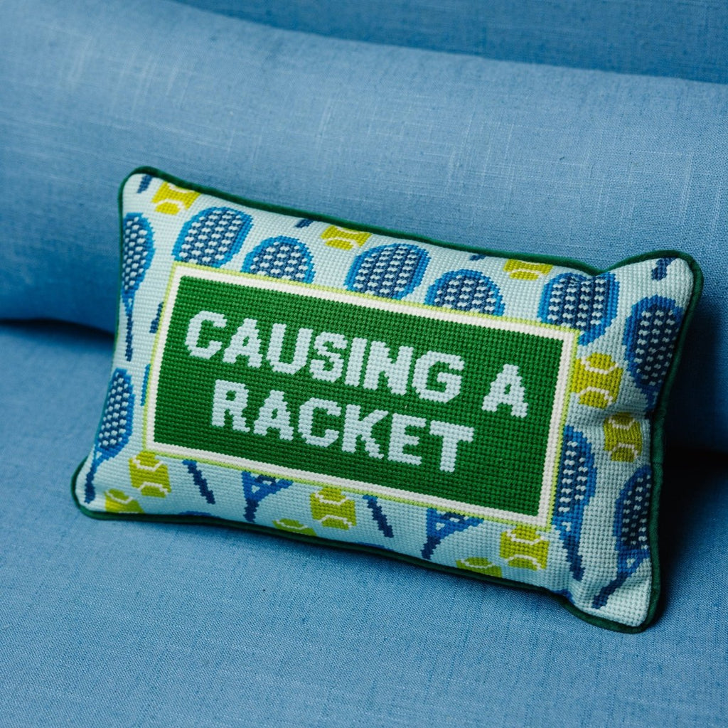 Causing A Racket Needlepoint Pillow - Liza Pruitt