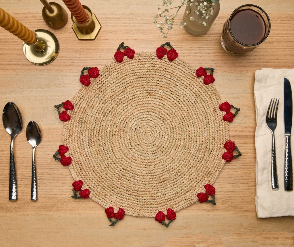 Cherry Scalloped Edge Placemat – 14” Hand - Crocheted Raffia – Artisan Summer Table Decor – Coastal & Boho Dining - Liza Pruitt