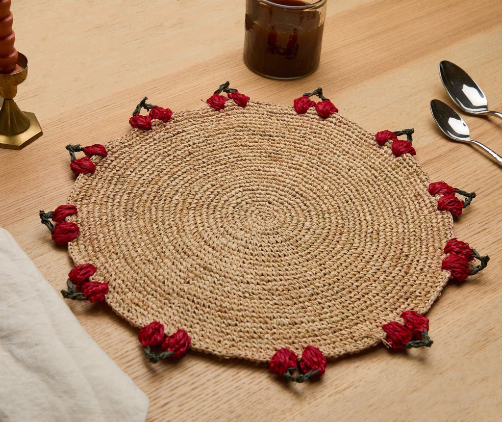 Cherry Scalloped Edge Placemat – 14” Hand - Crocheted Raffia – Artisan Summer Table Decor – Coastal & Boho Dining - Liza Pruitt