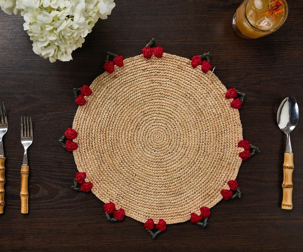 Cherry Scalloped Edge Placemat – 14” Hand - Crocheted Raffia – Artisan Summer Table Decor – Coastal & Boho Dining - Liza Pruitt