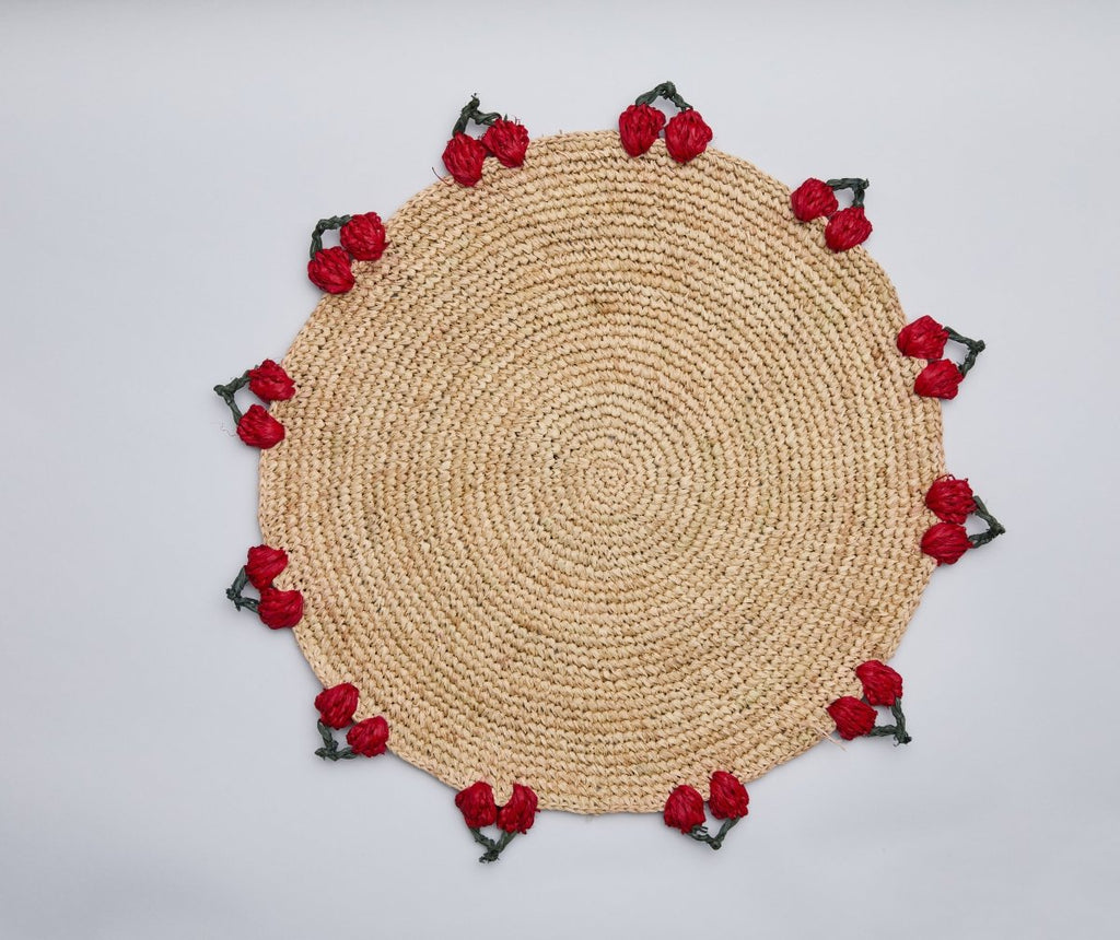 Cherry Scalloped Edge Placemat – 14” Hand - Crocheted Raffia – Artisan Summer Table Decor – Coastal & Boho Dining - Liza Pruitt