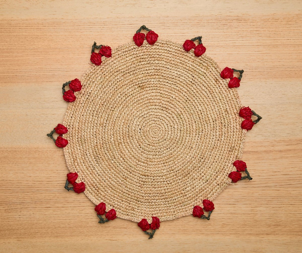 Cherry Scalloped Edge Placemat – 14” Hand - Crocheted Raffia – Artisan Summer Table Decor – Coastal & Boho Dining - Liza Pruitt