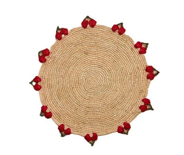 Cherry Scalloped Edge Placemat – 14” Hand-Crocheted Raffia – Artisan Summer Table Decor – Coastal & Boho Dining - Liza Pruitt