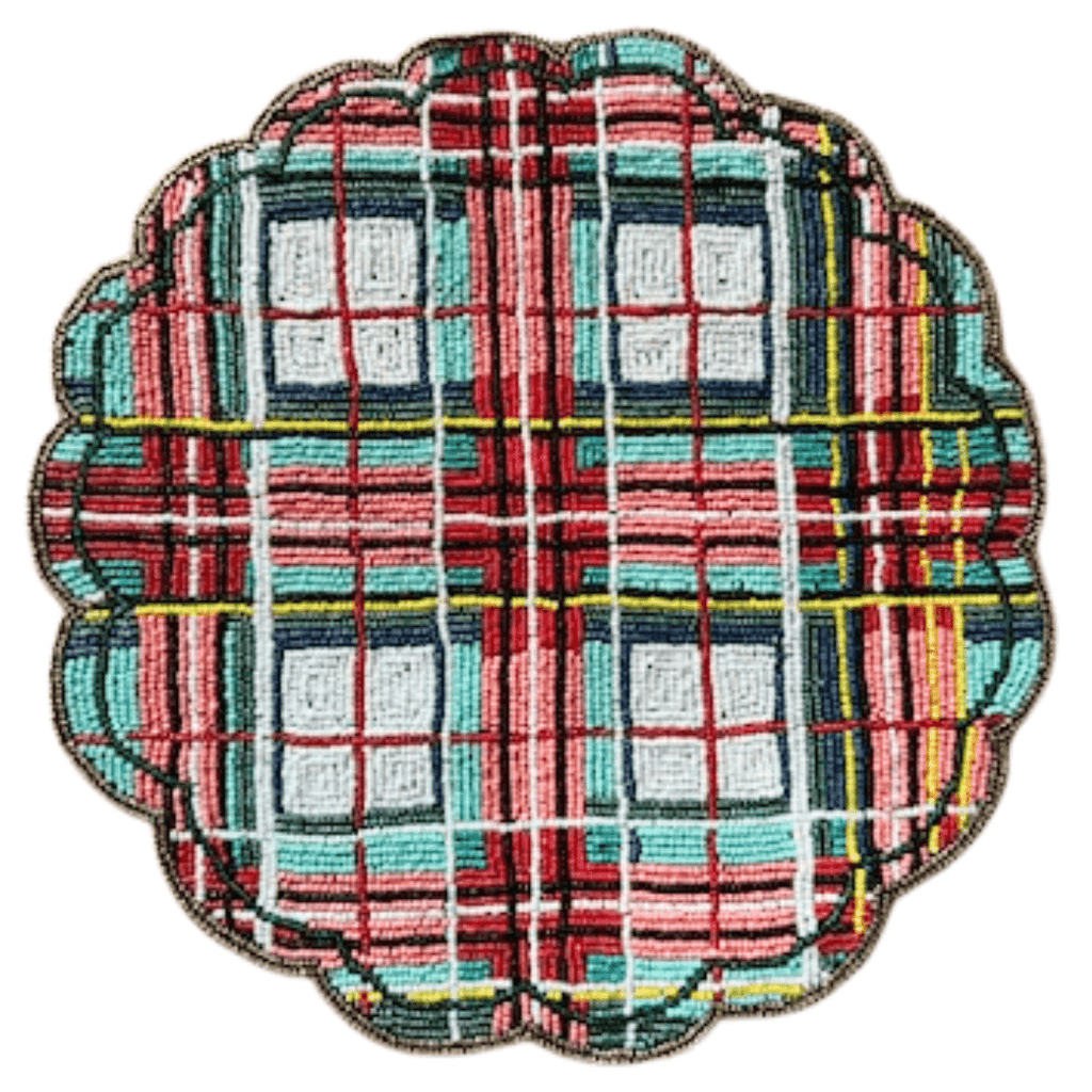 Christmas Beaded Plaid Placemat, Handmade Indian Beaded Tartan Decor, 14" Festive Dining Table Setting by Payton James - Liza Pruitt