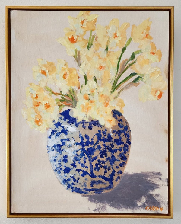 Daffodils in Chinoiserie Pot | 19" h x 15" w | Framed - Liza Pruitt
