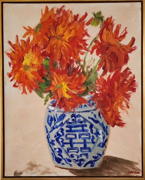 Dahlias in Chinoiserie Vase | 21" h x 17" w - Liza Pruitt