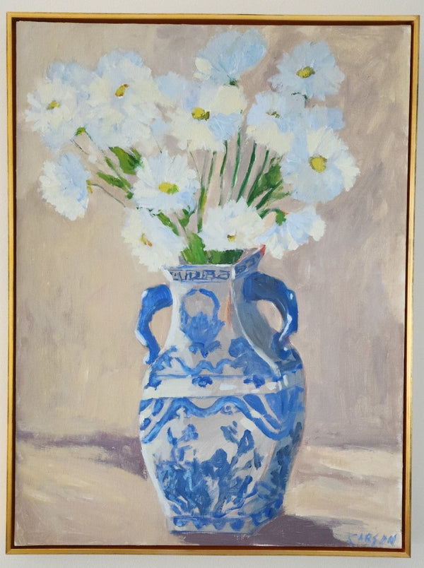 Daisies in Tall Chinoiserie Vase | 25" h x 19" w | Framed - Liza Pruitt