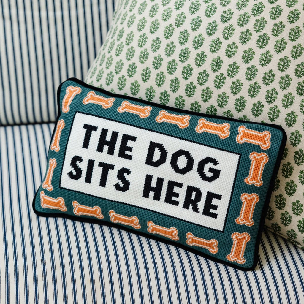 Dog Sits Here Needlepoint Pillow - Liza Pruitt