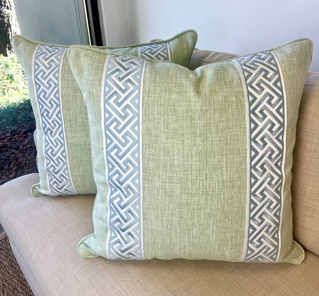 Ellie in Leaf with Arctic Corfu tape stripes Pillow Cover - Liza Pruitt