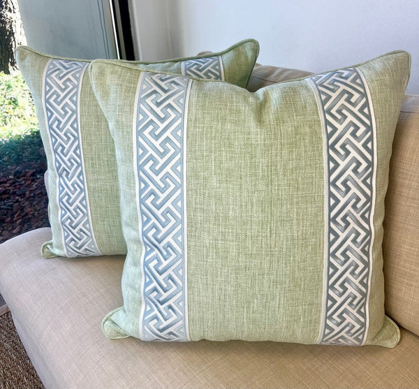Ellie in Leaf with Arctic Corfu tape stripes Pillow Cover - Liza Pruitt