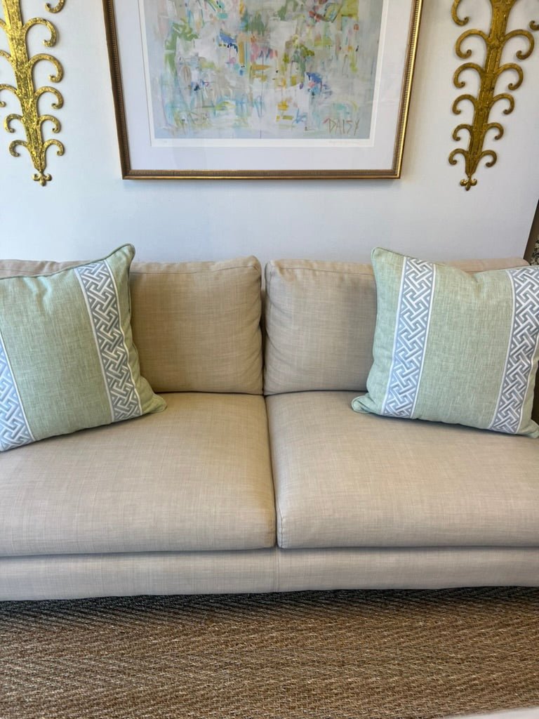 Ellie in Leaf with Arctic Corfu tape stripes Pillow Cover - Liza Pruitt