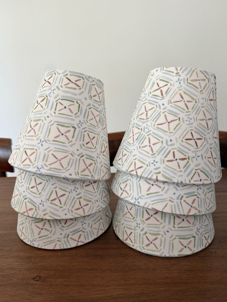 Fabric Candle Clip Lampshade - Porto Pattern in Blue Green and Brown - for Sconce or Chandelier - Liza Pruitt