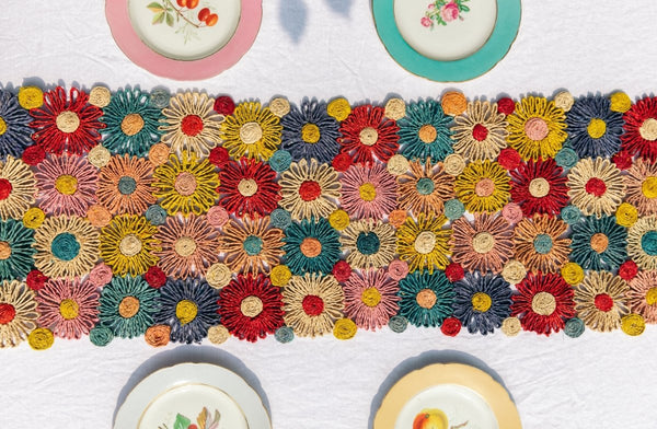 Fleur Raffia Flower Table Runner, Multicolor Flowers Woven Tabletop - Liza Pruitt