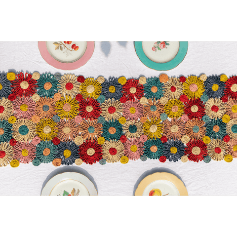 Fleur Raffia Flower Table Runner, Multicolor Flowers Woven Tabletop - Liza Pruitt