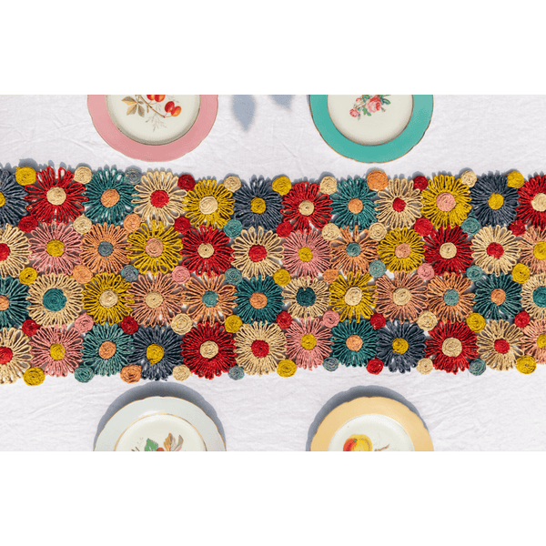 Fleur Raffia Flower Table Runner, Multicolor Flowers Woven Tabletop - Liza Pruitt