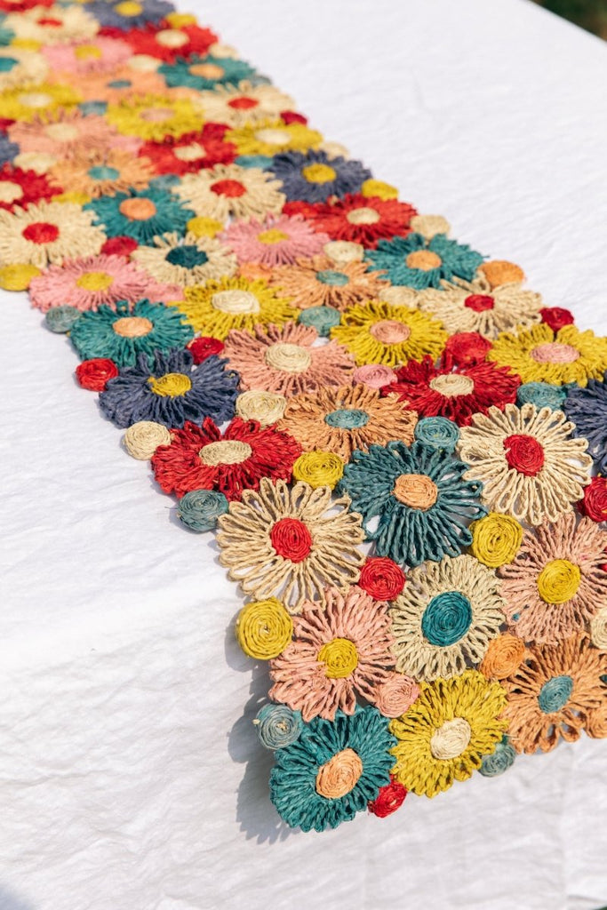 Fleur Raffia Flower Table Runner, Multicolor Flowers Woven Tabletop - Liza Pruitt