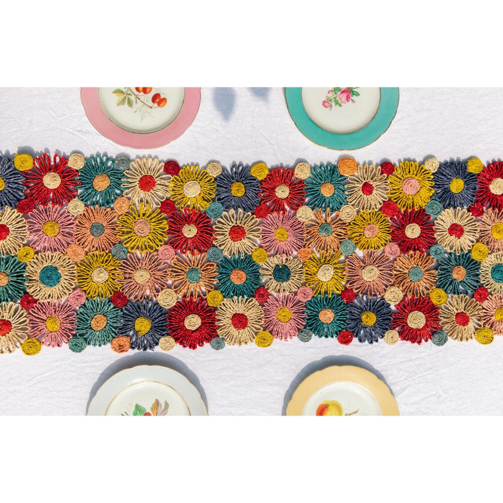 Fleur Raffia Flower Table Runner, Multicolor Flowers Woven Tabletop - Liza Pruitt