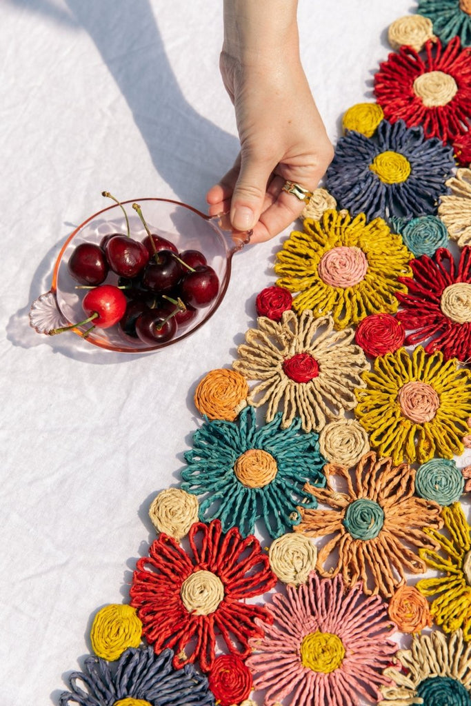 Fleur Raffia Flower Table Runner, Multicolor Flowers Woven Tabletop - Liza Pruitt