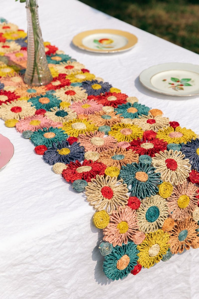 Fleur Raffia Flower Table Runner, Multicolor Flowers Woven Tabletop - Liza Pruitt