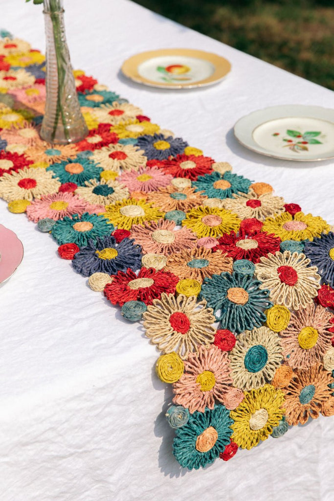 Fleur Raffia Flower Table Runner, Multicolor Flowers Woven Tabletop - Liza Pruitt