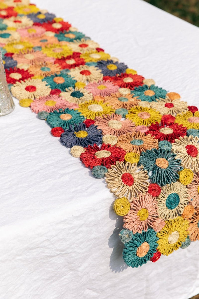 Fleur Raffia Flower Table Runner, Multicolor Flowers Woven Tabletop - Liza Pruitt