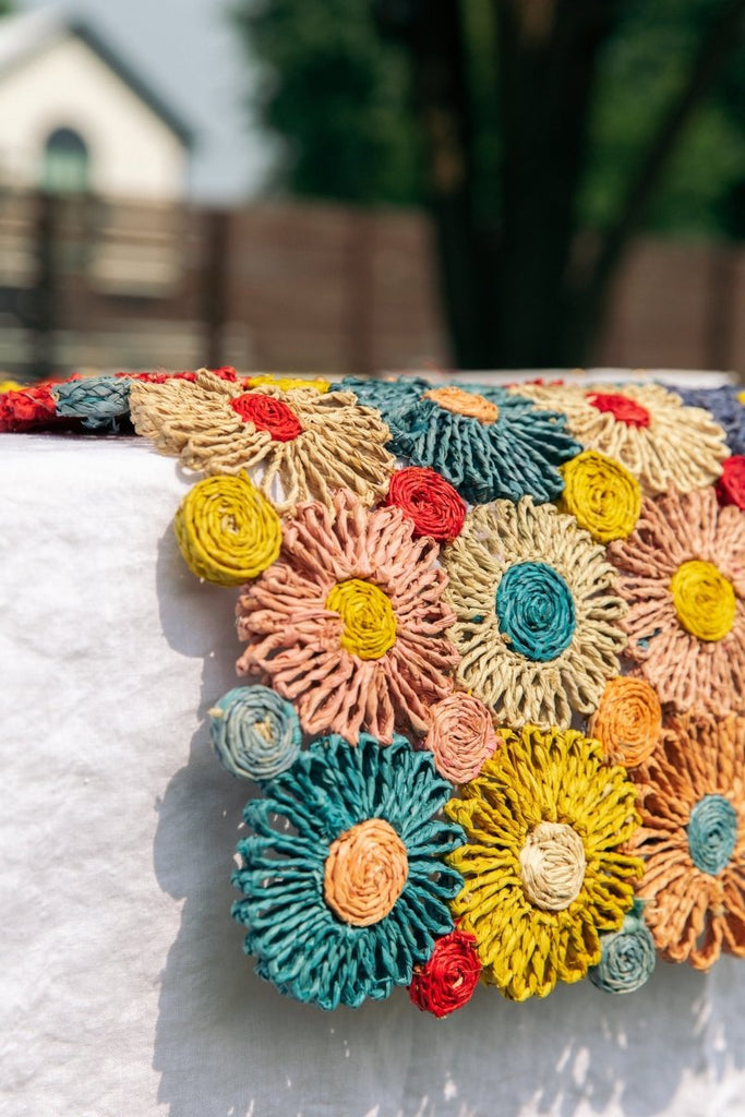 Fleur Raffia Flower Table Runner, Multicolor Flowers Woven Tabletop - Liza Pruitt