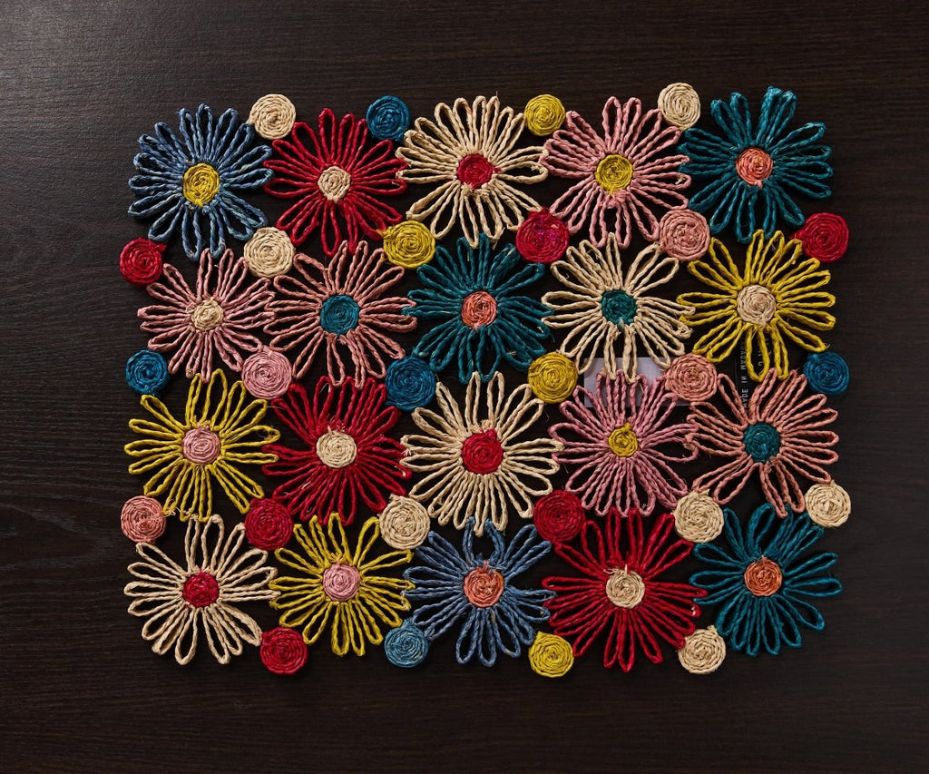 Fleur Raffia placemat, Multicolor Flowers woven tabletop - Liza Pruitt