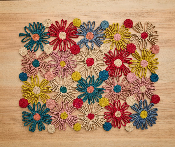 Fleur Raffia placemat, Multicolor Flowers woven tabletop - Liza Pruitt
