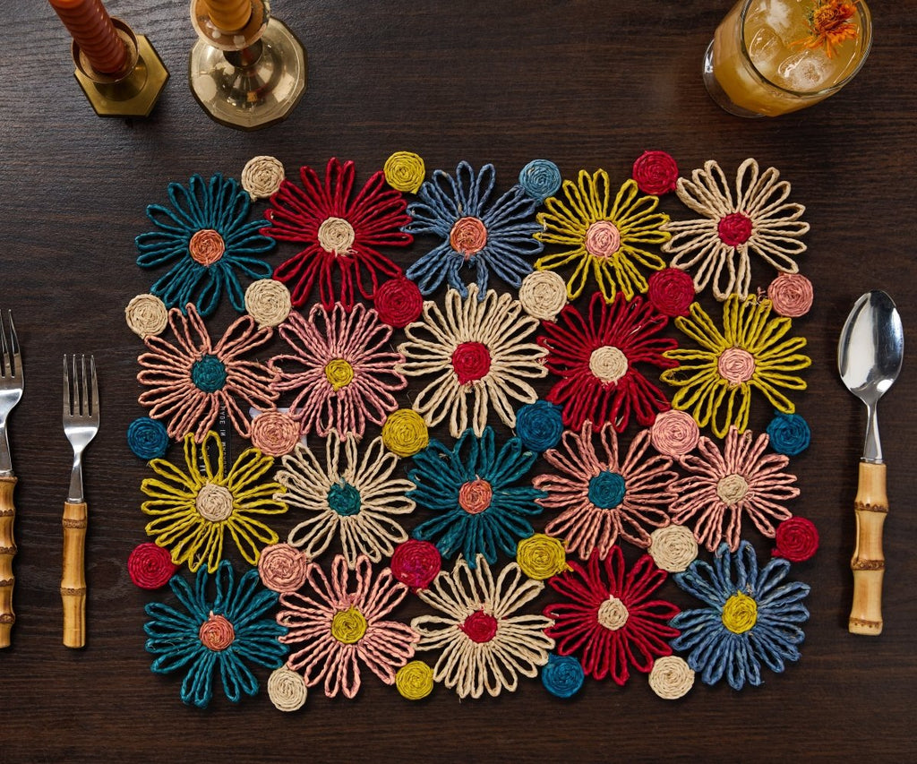 Fleur Raffia placemat, Multicolor Flowers woven tabletop - Liza Pruitt