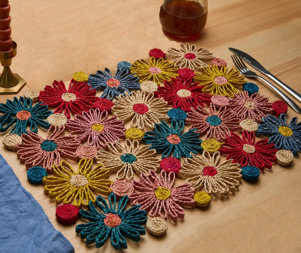 Fleur Raffia placemat, Multicolor Flowers woven tabletop - Liza Pruitt