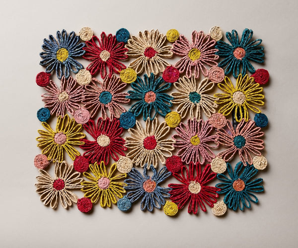 Fleur Raffia placemat, Multicolor Flowers woven tabletop - Liza Pruitt