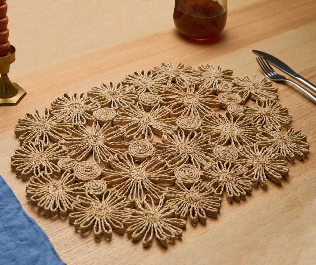 Fleur Raffia Placemat, Natural Color Flowers Woven Tabletop - Liza Pruitt