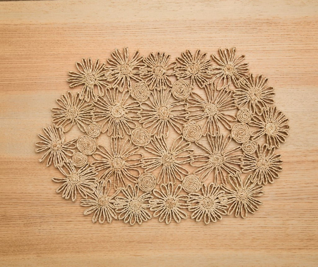 Fleur Raffia Placemat, Natural Color Flowers Woven Tabletop - Liza Pruitt
