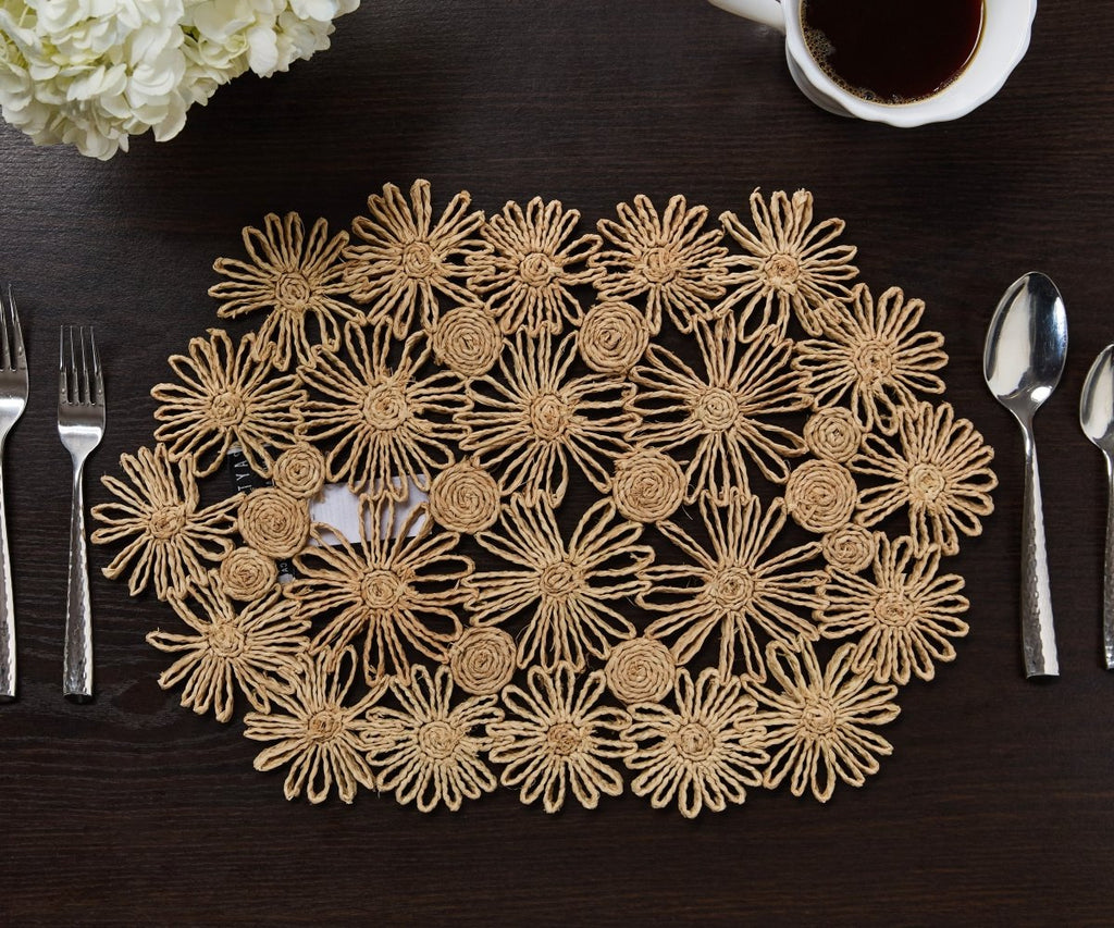 Fleur Raffia Placemat, Natural Color Flowers Woven Tabletop - Liza Pruitt